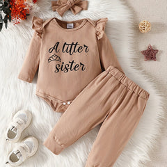 3pc Baby Girl Set: Letter Print Jumpsuit Pants Headband