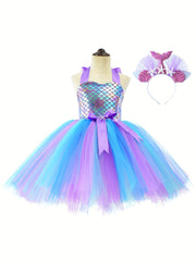Mermaid Cosplay Costume & Headband 2pcs Toddler Girl's Halter Neck Mesh Dress