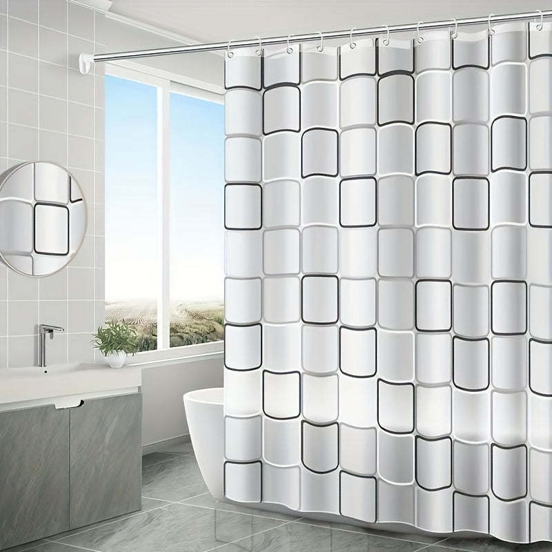 1pc Checkered PEVA Shower Curtain With 12 Hooks
