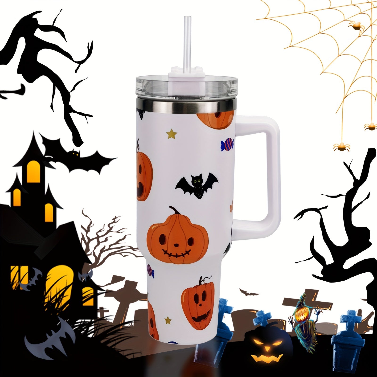 Halloween Pumpkin Print Tumbler 40oz Car Cup with Straw & Handle