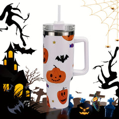 Halloween Pumpkin Print Tumbler 40oz Car Cup with Straw & Handle