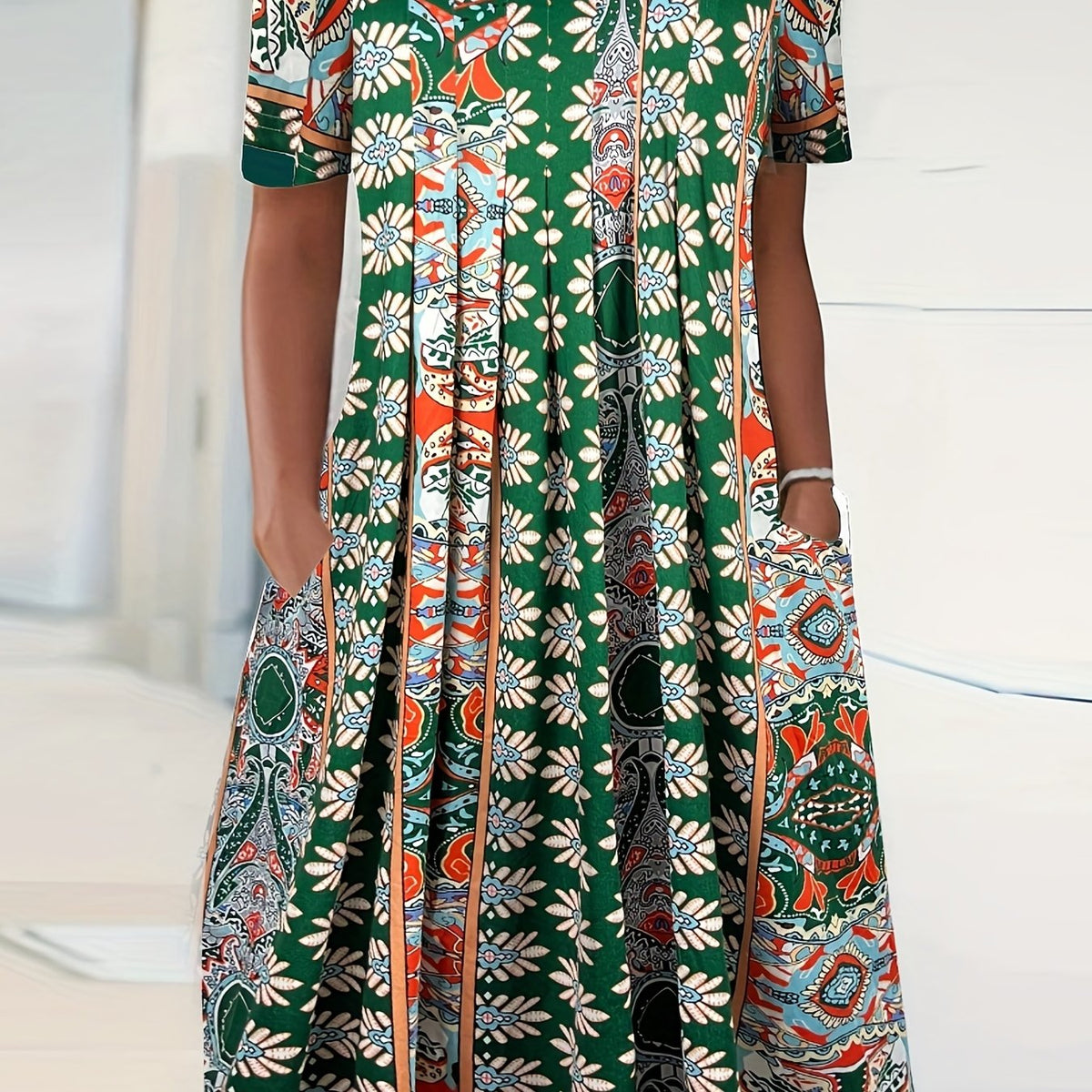  Floral Print Short Sleeve Ruched Dress With Pockets