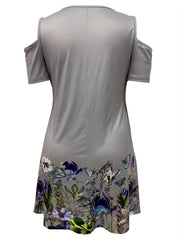  Casual Dress Women's Plus Floral Print Cold Shoulder Round Neck Dress