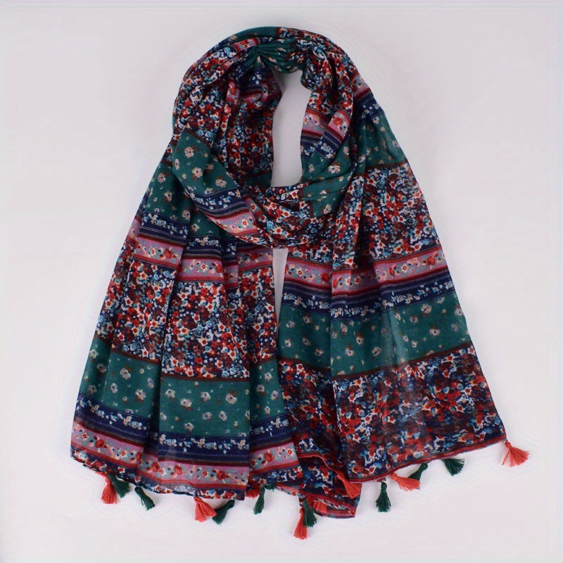 Boho Floral Print Tassel Scarf Block Shawl
