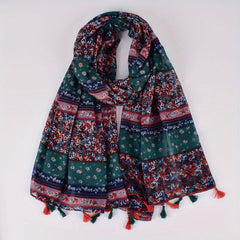 Boho Floral Print Tassel Scarf Block Shawl
