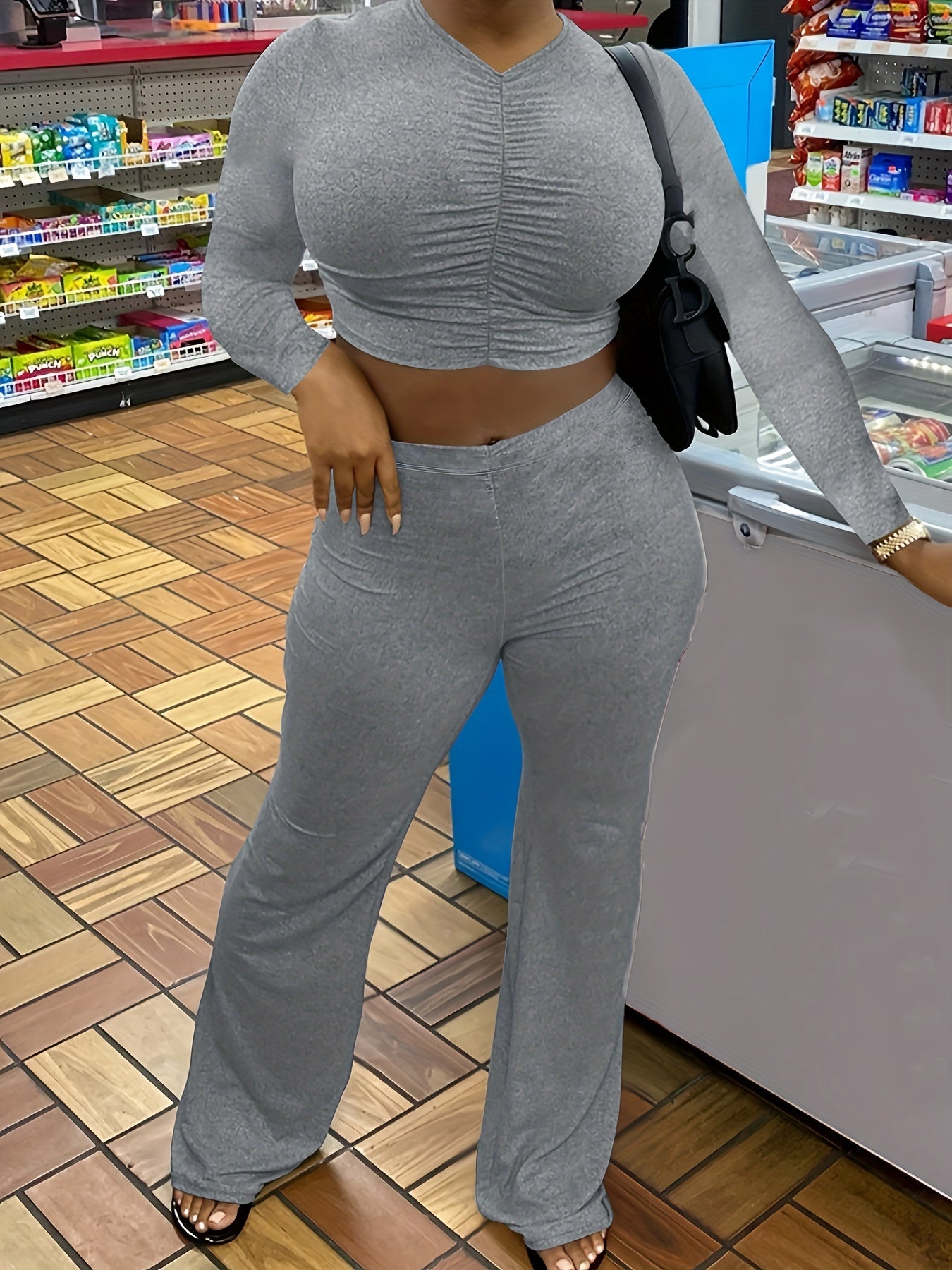  Solid Ruched Crop Top & Pants Set
