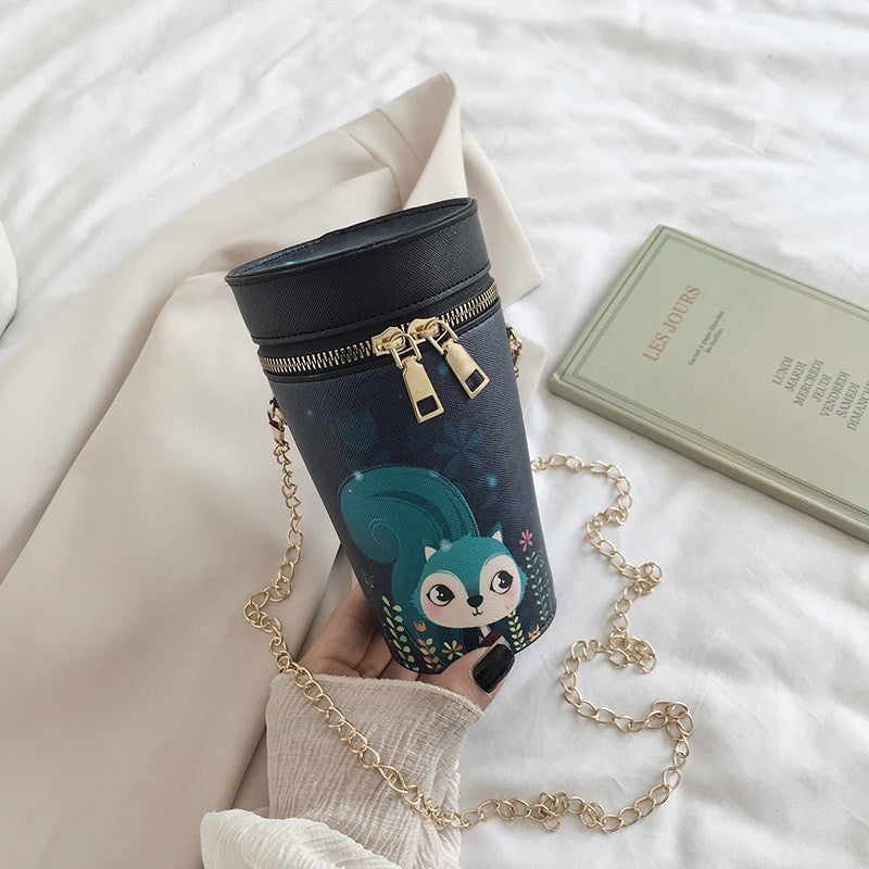 Animal Pattern Cylinder Bucket Bag Mini Chain Crossbody Purse