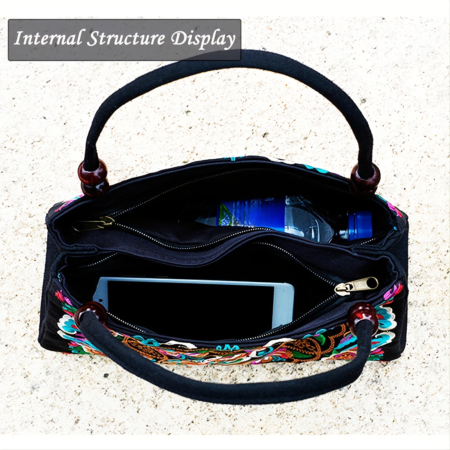 Floral Embroidered Handbag Zipper Canvas Bag Women's Purses