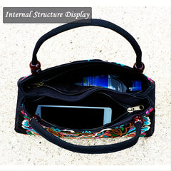 Floral Embroidered Handbag Zipper Canvas Bag Women's Purses