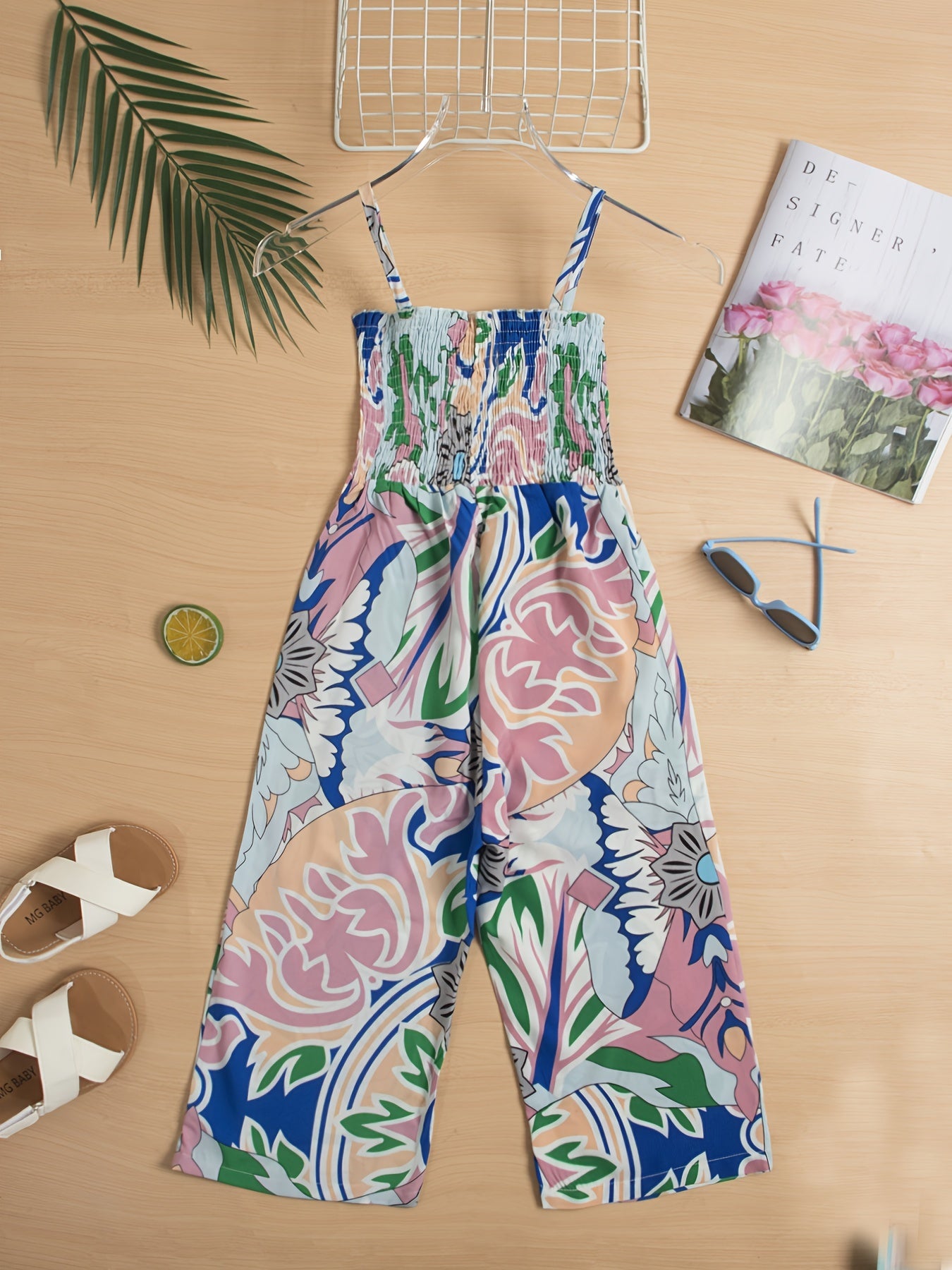 Floral Graphic Shirred Cami Romper Jumpsuit for Toddler Girls