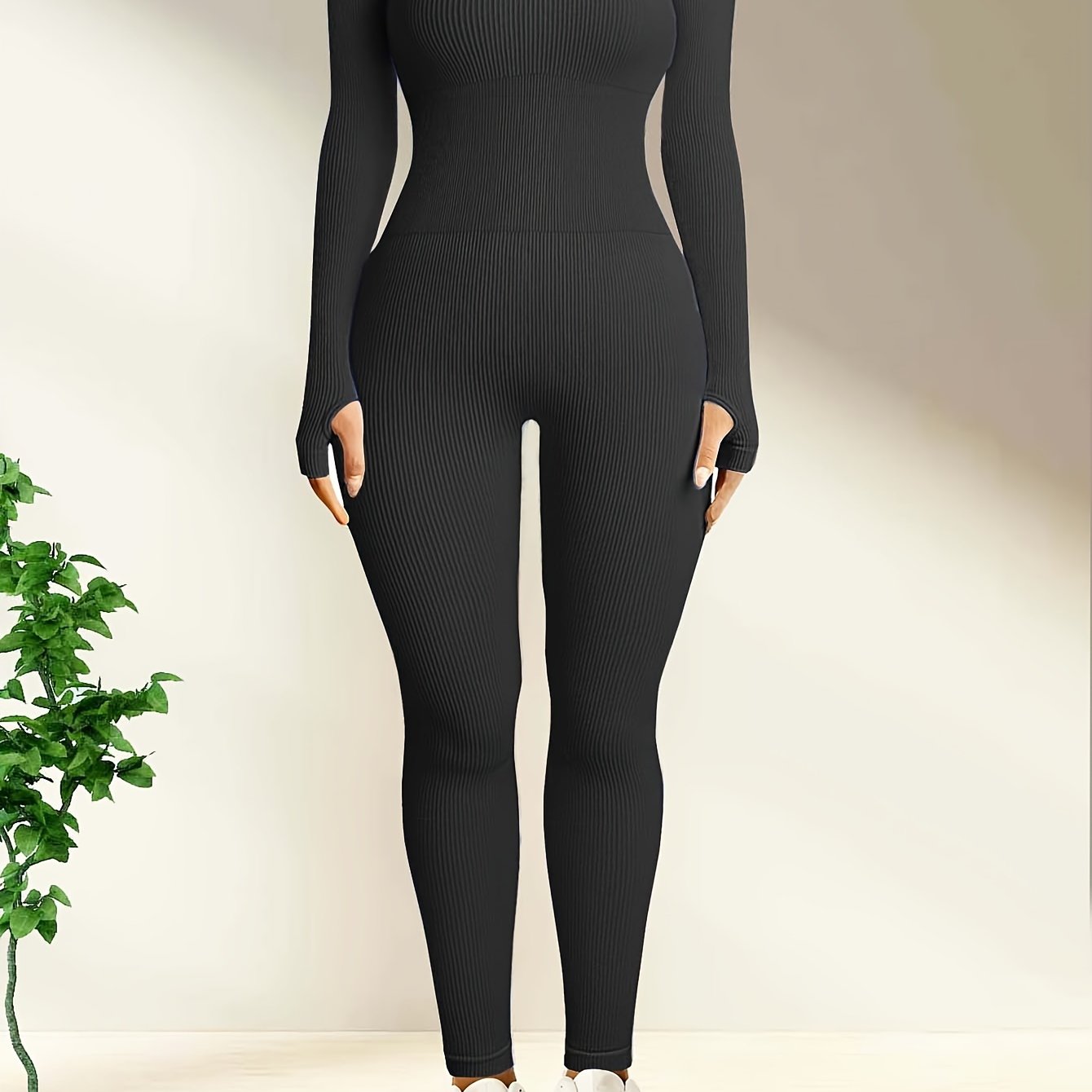 Long Sleeve Yoga Jumpsuit Solid Thumb Hole Sports Bodysuit