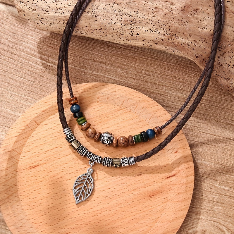 Women's PU Leaf Wooden Bead Necklace Party Jewelry Gift