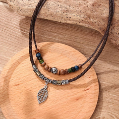 Women's PU Leaf Wooden Bead Necklace Party Jewelry Gift