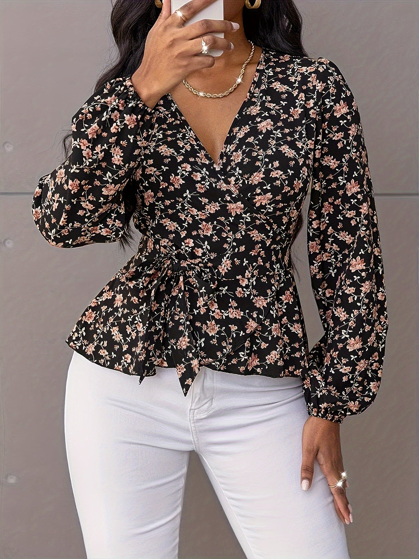  Boho Blouse Women's Plus Ditsy Floral Print Lantern Sleeve