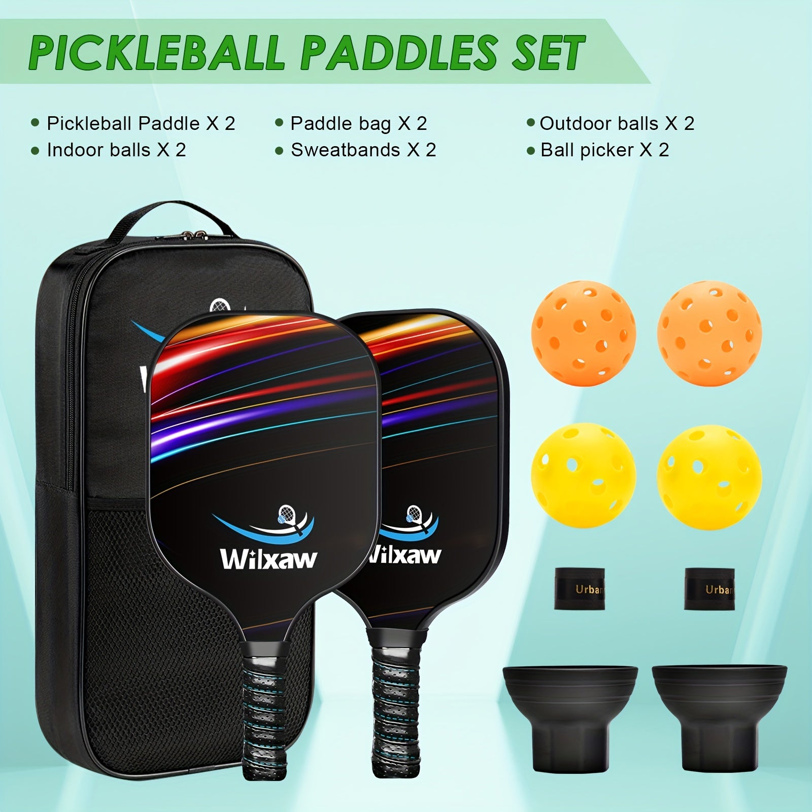 Pickleball Paddle Set with Paddles, Balls, Sweatbands, and Ball Pickers