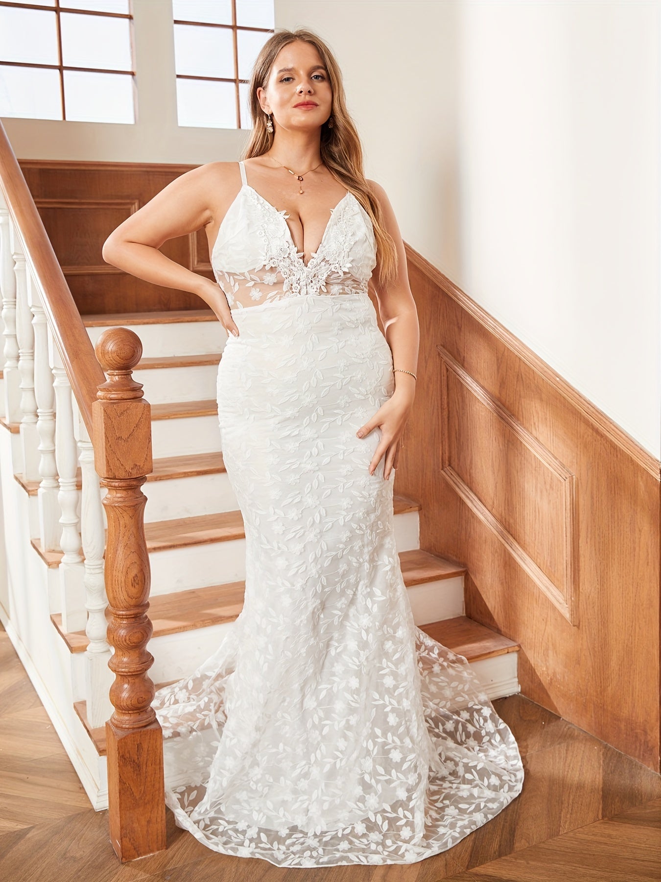  Women's Deep V Neck Floral Jacquard Maxi Wedding Dress