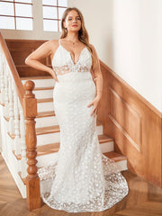  Women's Deep V Neck Floral Jacquard Maxi Wedding Dress