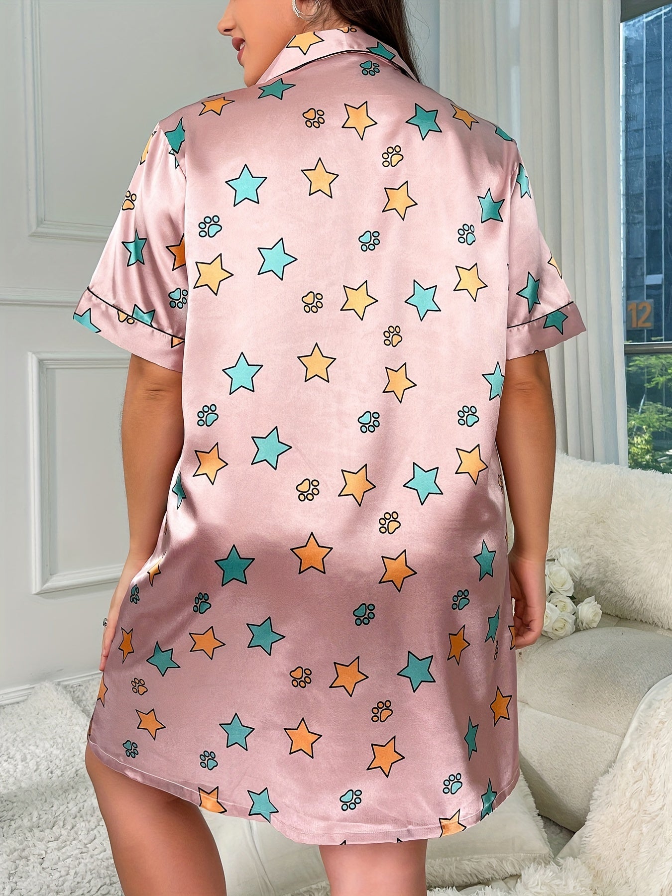  Star & Paw Print Nightdress V Neck Short Sleeve Sleep Dress
