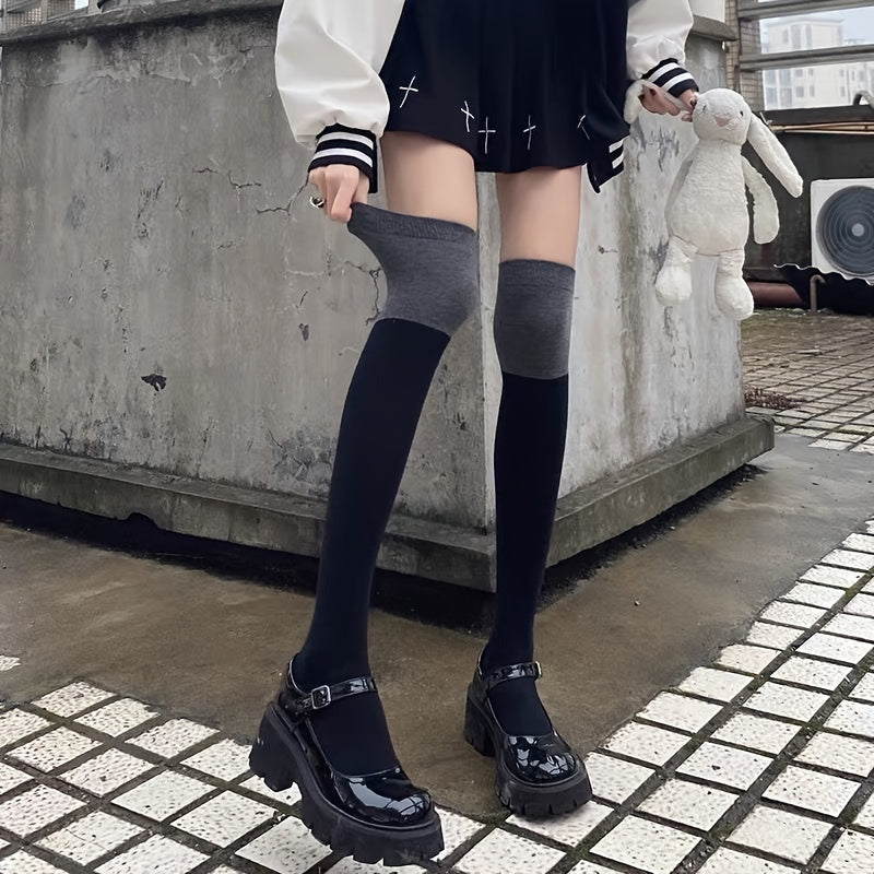 2 Pairs Colorblock Thigh High Socks Women's Stockings