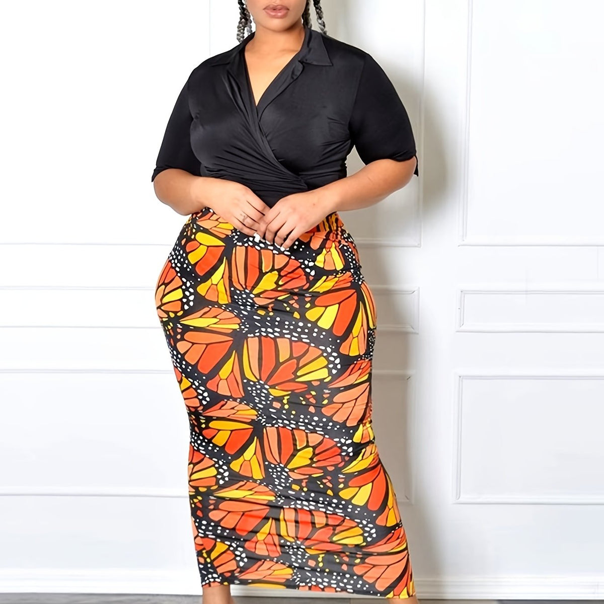  Butterfly Print High Rise Bodycon Skirts Women's Plus Medium Stretch