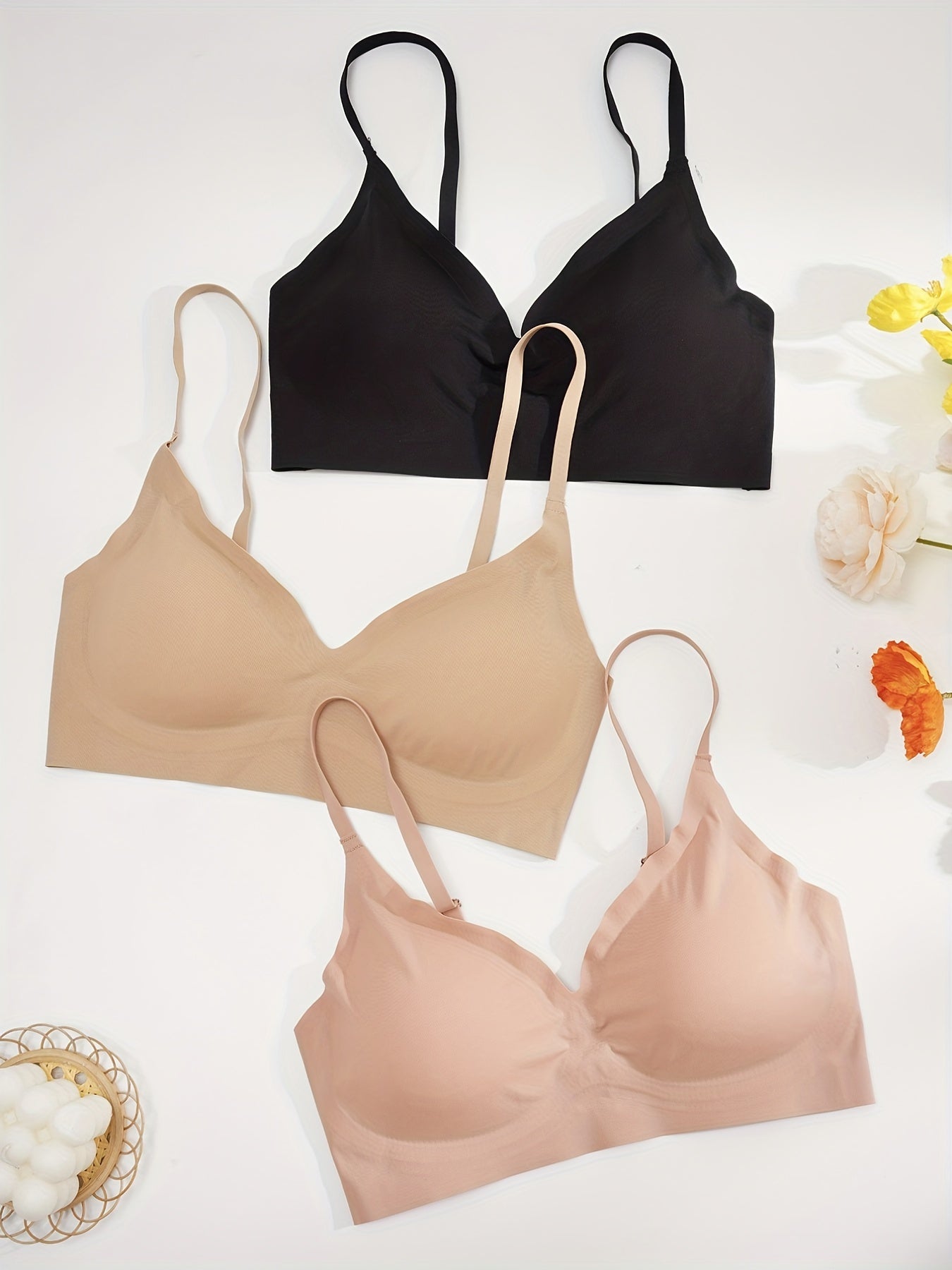 3pcs Seamless Solid Wireless Bras Stretch Everyday Bra Women's Underwear