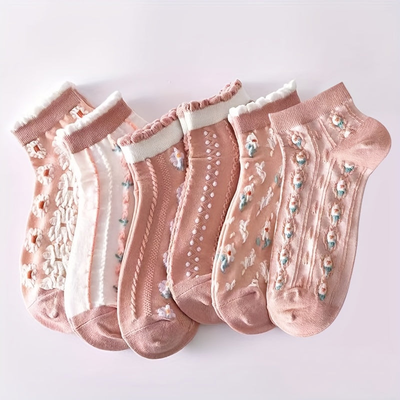 6 Pairs Floral Print Socks & Lightweight Low Cut Ankle Socks