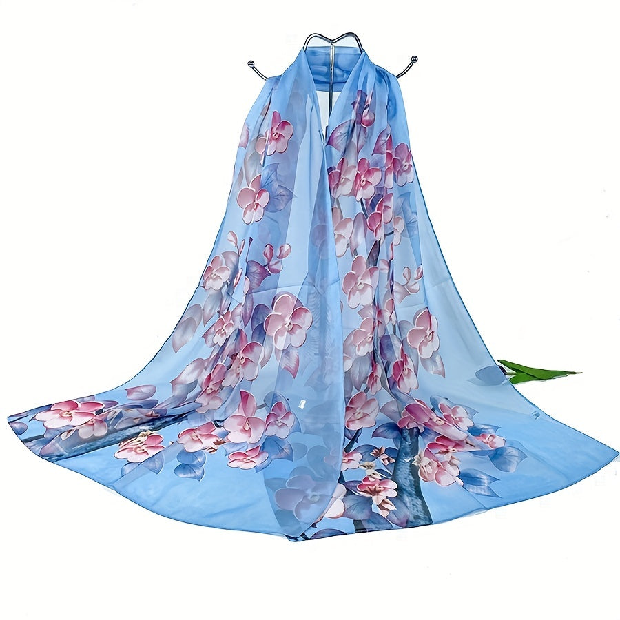 Chiffon Flower Print Scarf Silk Shawl Casual Windproof Head Wrap