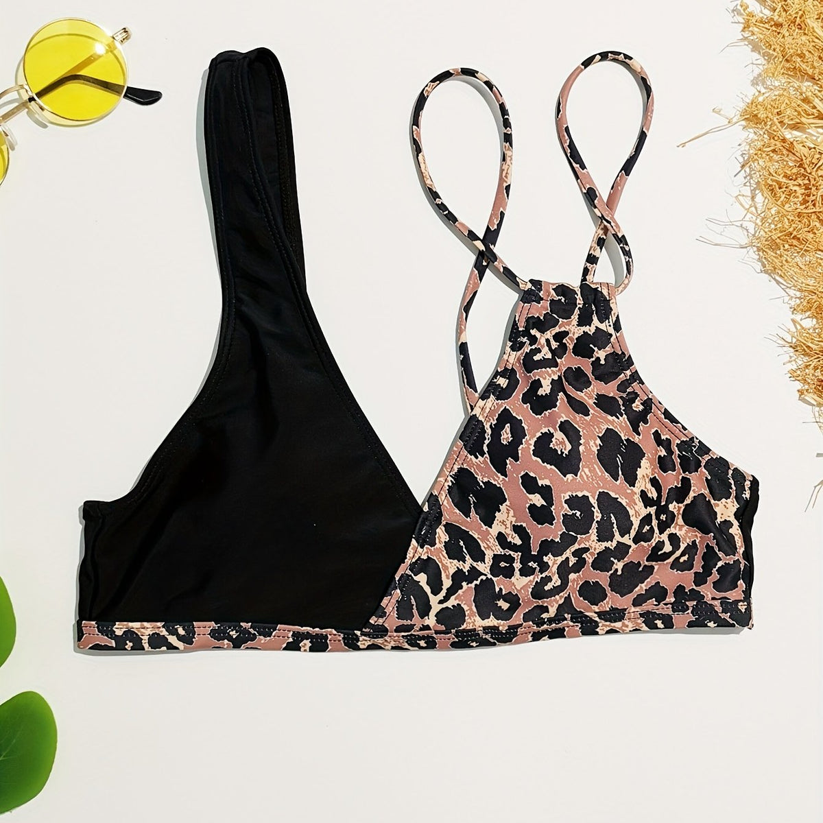 Leopard Print Bikini Top V Neck Beachwear Swimwear