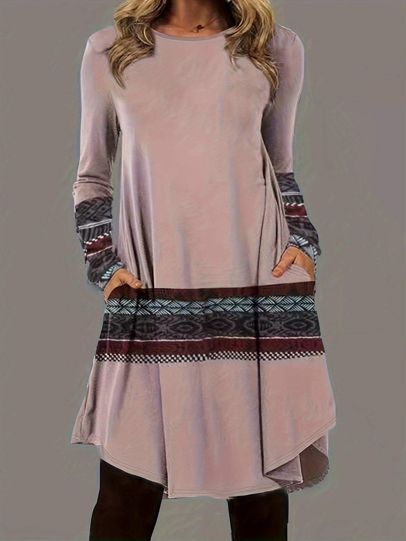  Women's Graphic Print Long Sleeve Dress With Pockets