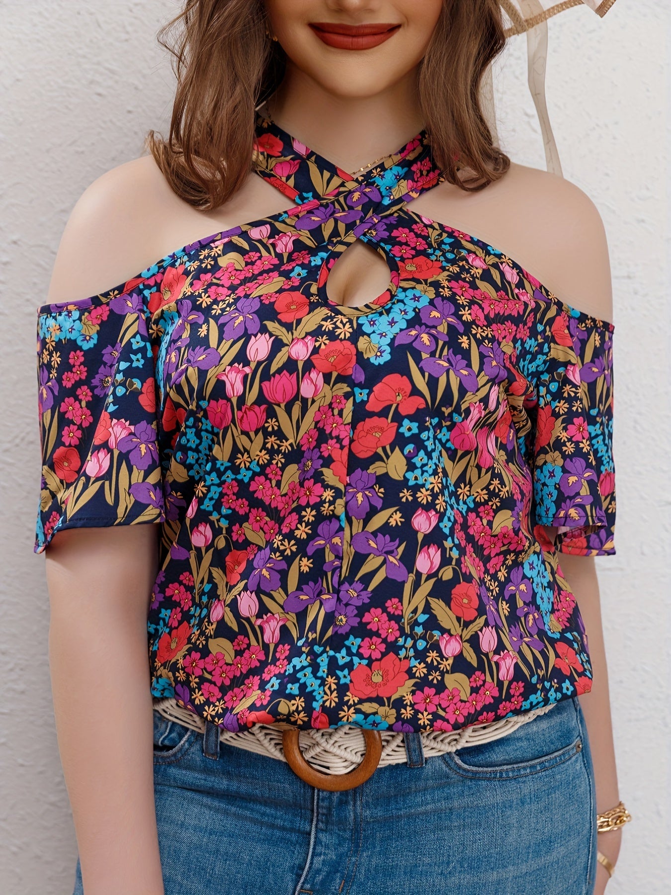  Allover Floral Print Cold Shoulder Cross Neck Top
