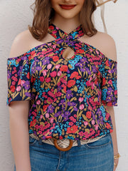  Allover Floral Print Cold Shoulder Cross Neck Top