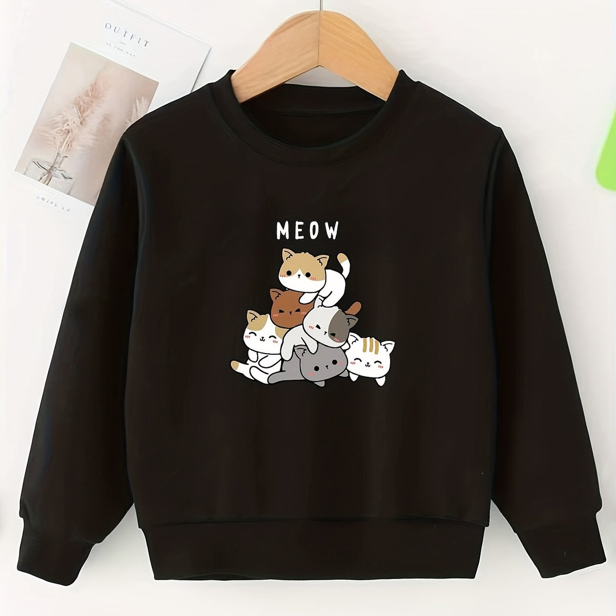 Girls Sweatshirt Stacking Cats Print Long Sleeve Top Pullovers