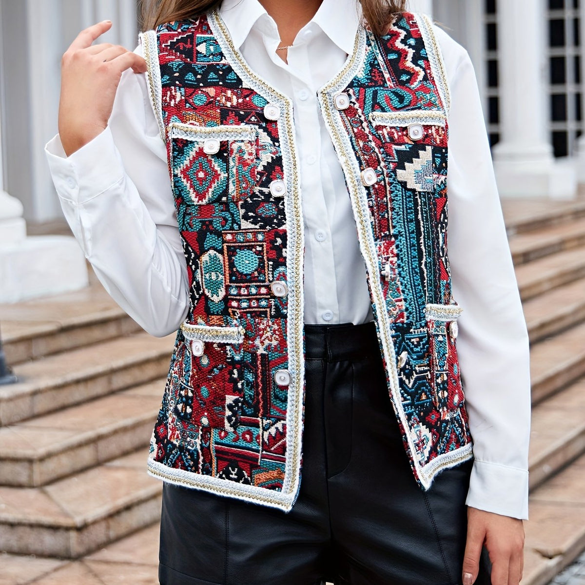 Geometric Pattern Button Front Vest Boho Sleeveless Vest
