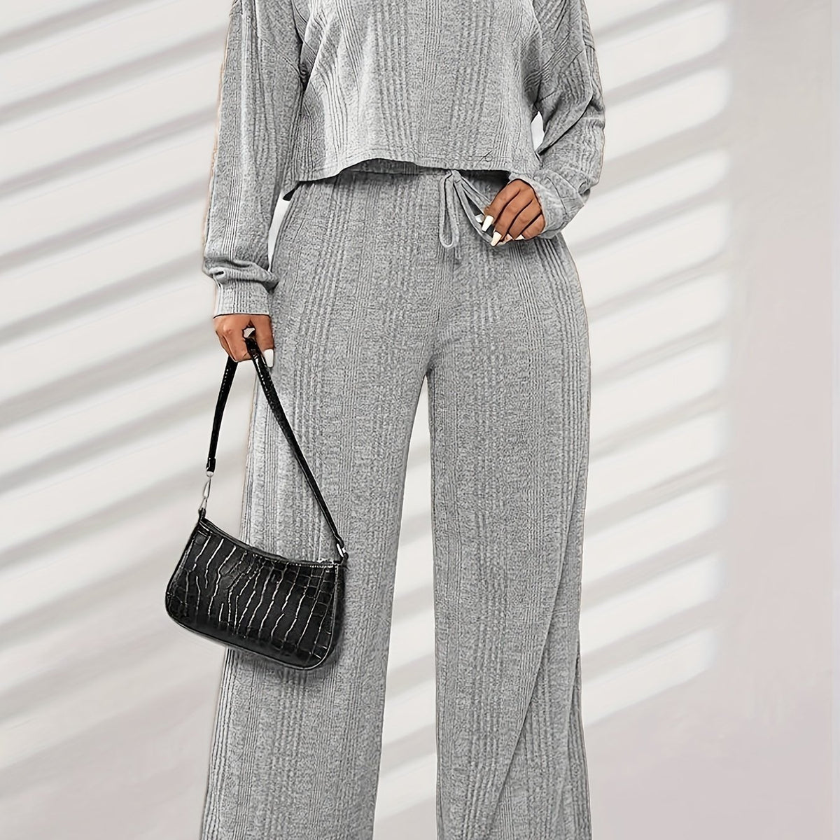  Ribbed Knit Tee & Tie Front Pants Pajamas Set