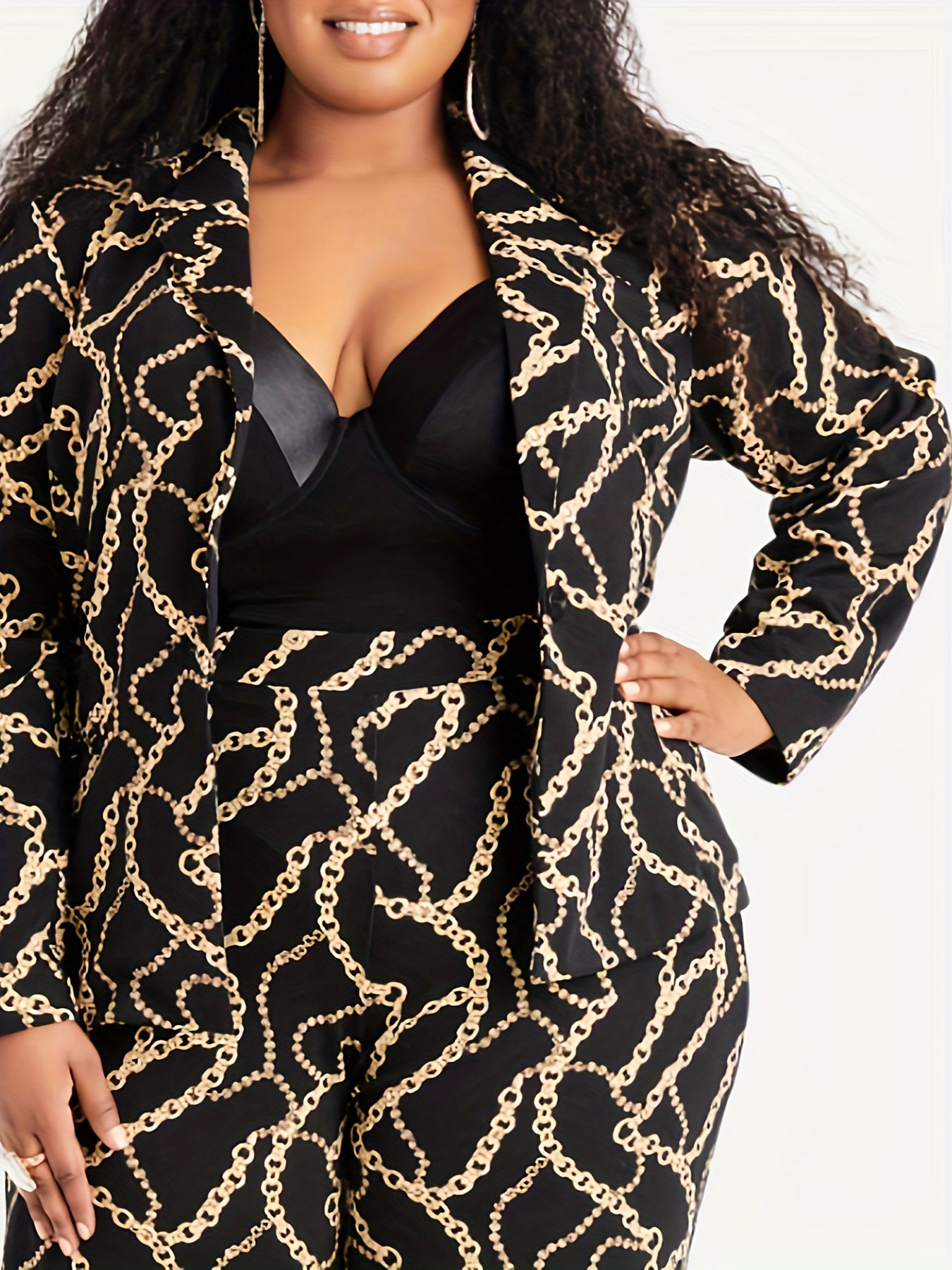Plus Chain Print Blazer & Pants Suit Set