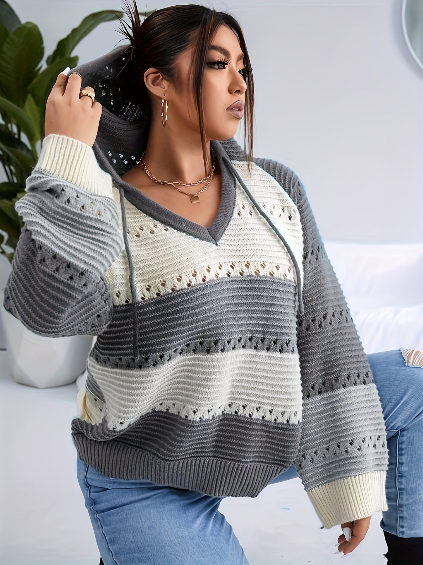  Colorblock Long Sleeve V Neck Hooded Drawstring Sweater