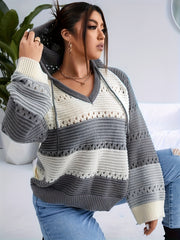  Colorblock Long Sleeve V Neck Hooded Drawstring Sweater