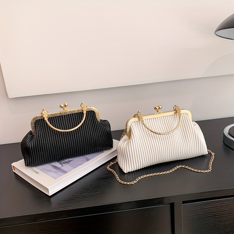Ruched Handbag Top Ring Chain Clutch Purse For Evening Dinner