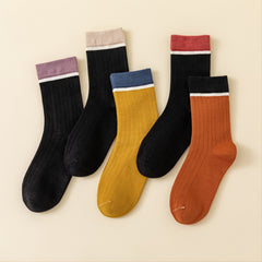 5 Pairs Women's Retro Colorblock Mid Tube Socks