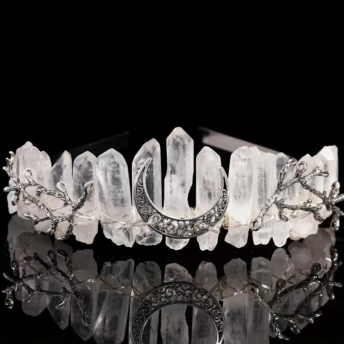 Crystal Quartz Hollow Moon Crown Tiara Headband for Women