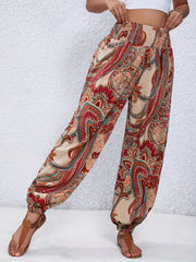 Paisley Print Shirred Waist Pants Boho Long Length Jogger Pants