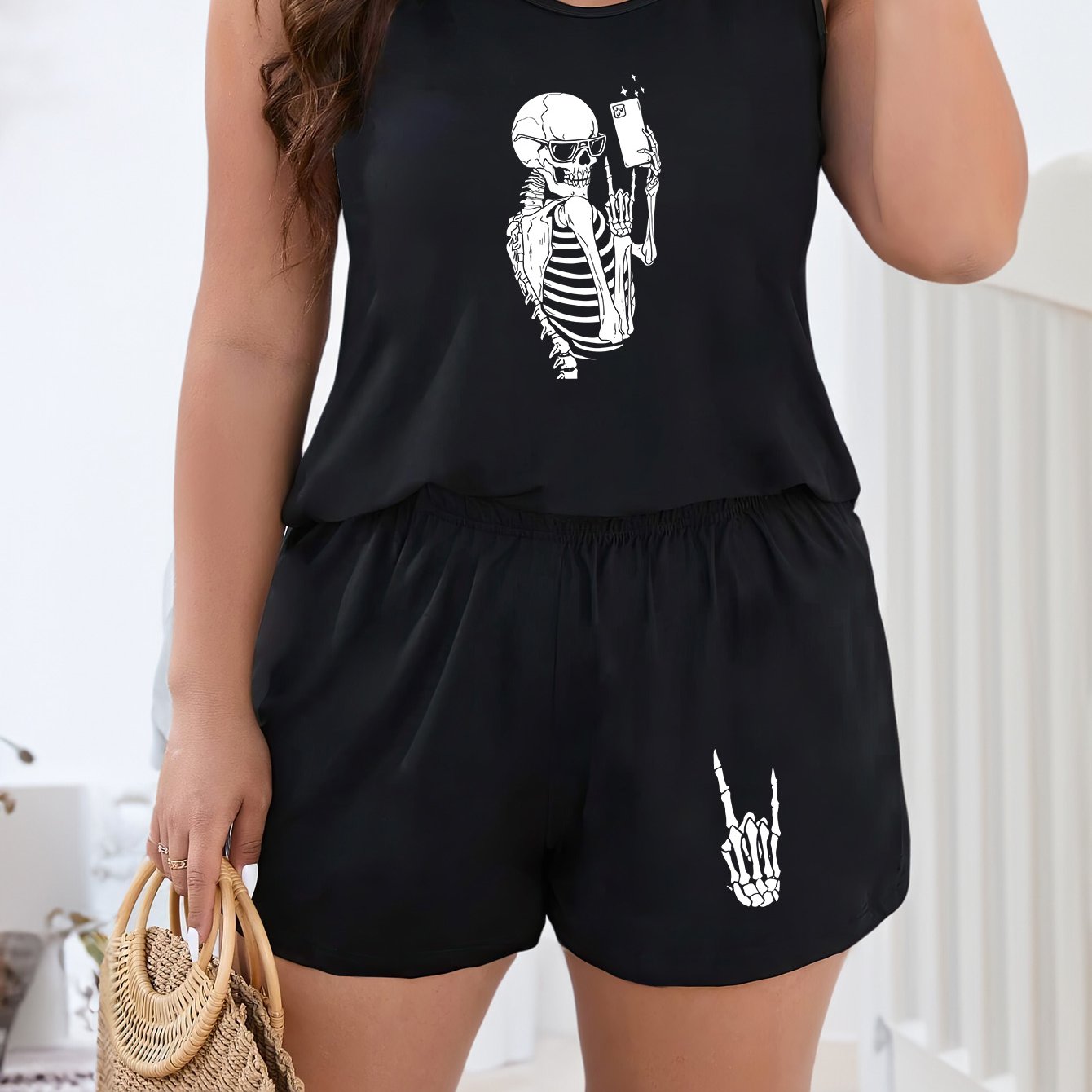  Halloween Loungewear Set Selfie Skull Print Tank Top & Shorts Pajama