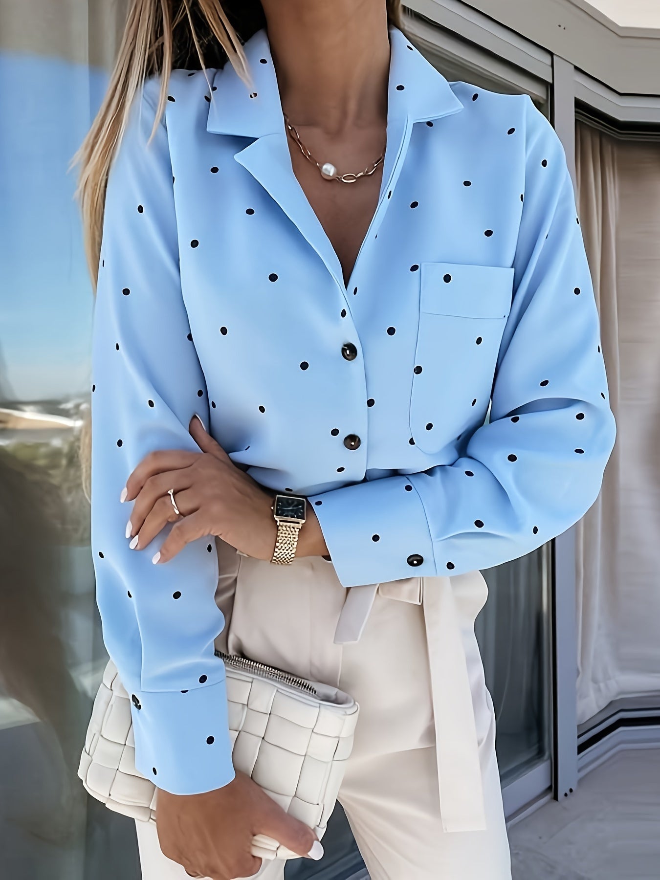  Dot Print Button Up Collar Shirt Top With Pockets
