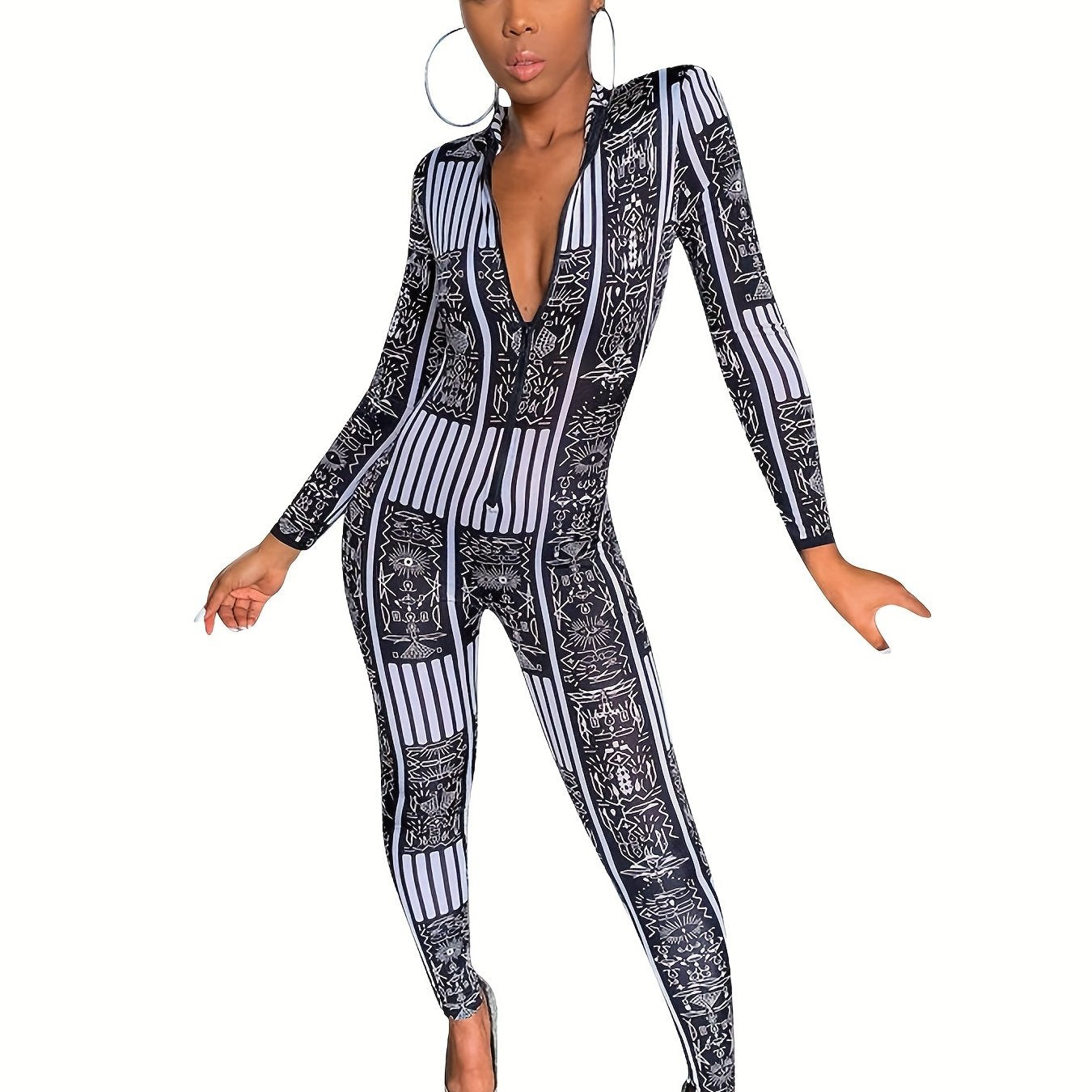 Striped Zip Up Slim Jumpsuit Long Sleeve Women's Clothing