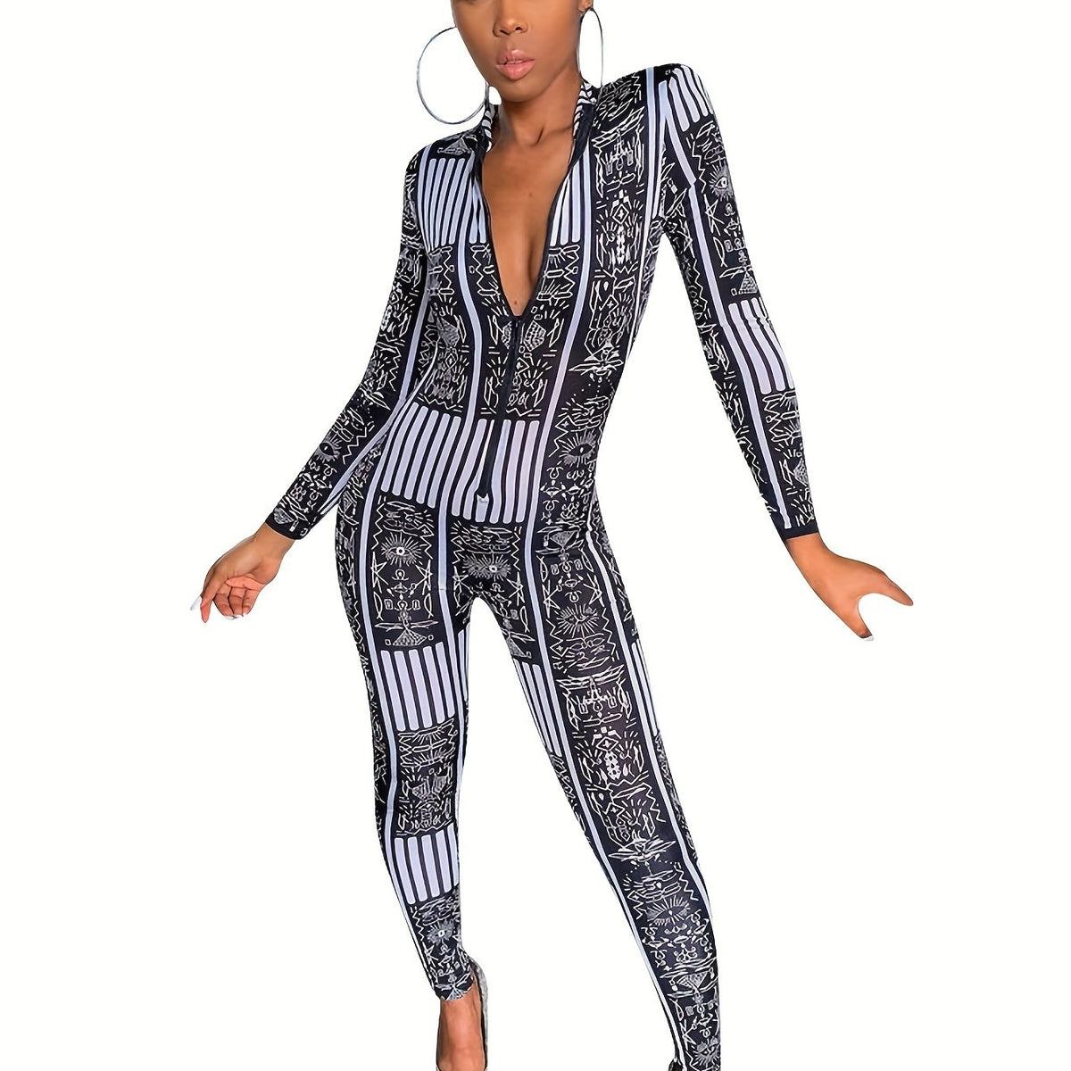 Striped Zip Up Slim Jumpsuit Long Sleeve Women's Clothing
