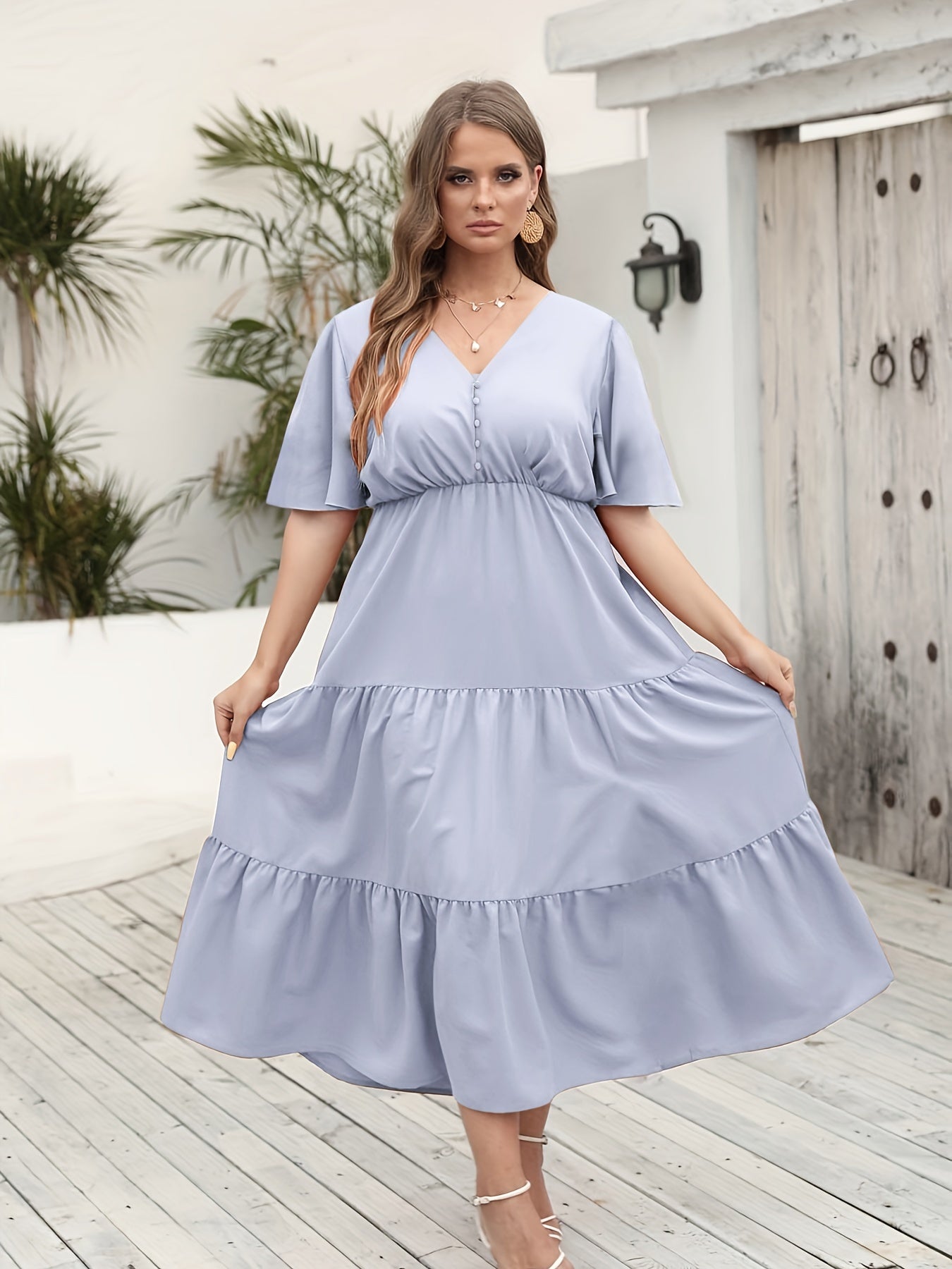  V Neck Flutter Sleeve Pom Pom Ruched Dress