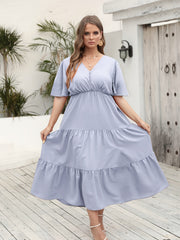  V Neck Flutter Sleeve Pom Pom Ruched Dress