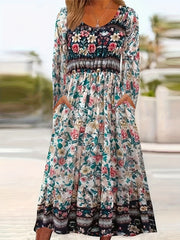  Boho Dress Colorblock Floral Print Long Sleeve Round Neck Dress