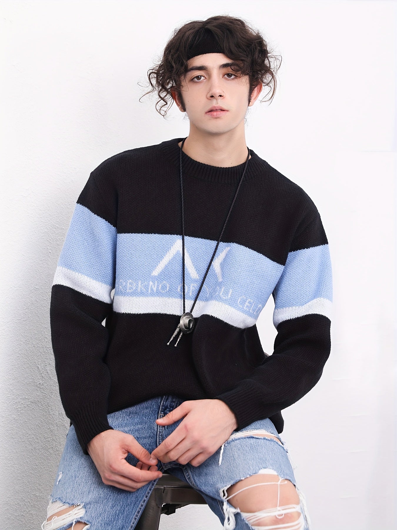 Men's Knitted Block Sweater Warm Winter Pullover