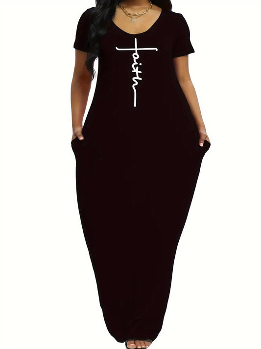  Letter Print Short Sleeve V Neck Maxi Dress